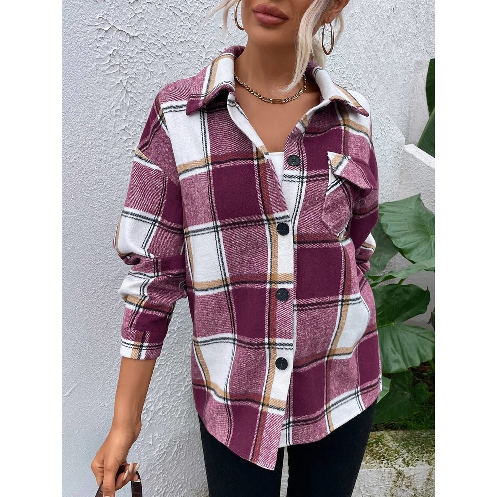 Plaid Flap Pocket boyfriend shacket trucker jacket navy blue tan white - Picture 7 of 16